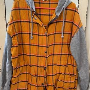 Long plaid hoodie with zipper and buttons. Top button is broken.